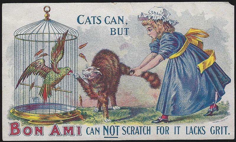 Victorian Trade Card for Bon Ami with Girl and Cat Who Scratches and Parrot