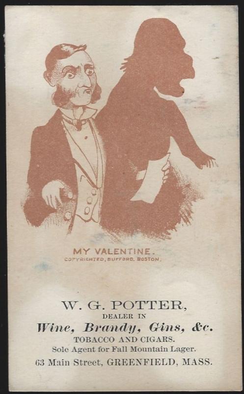 Victorian Trade Card for W.G. Potter Dealer in Liquor with Man and His Valentine