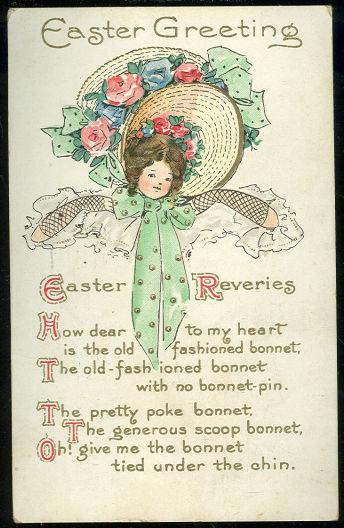 Easter Postcard with Young Girl and Her Bonnet 1912