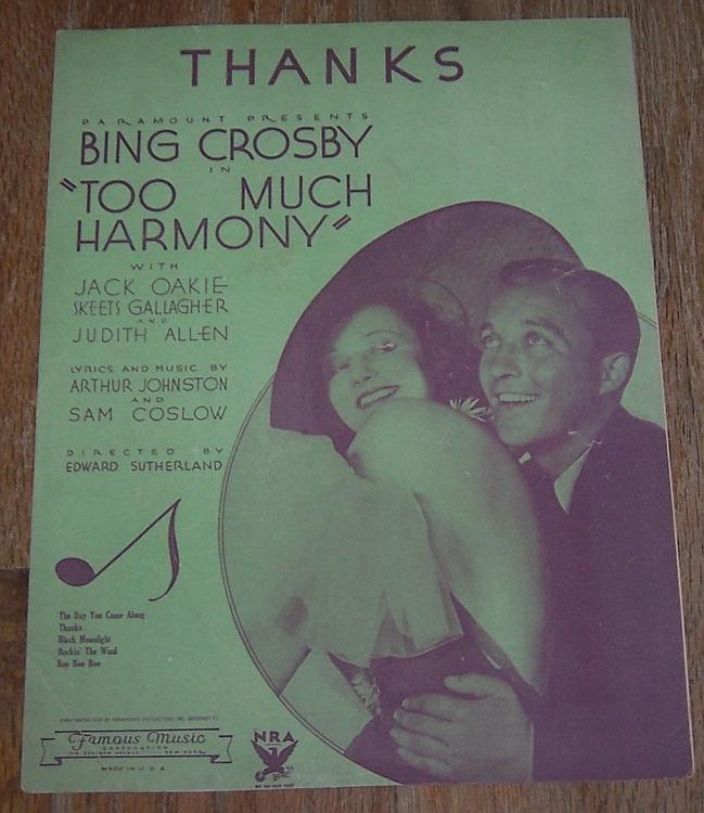 Thanks From Too Much Harmony Starring Bing Crosby 1933 Movie Sheet Music