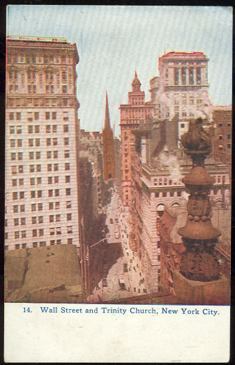 Postcard Wall Street and Trinity Church New York City