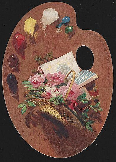 Victorian Artist Palette Die Cut Card with Basket of Roses