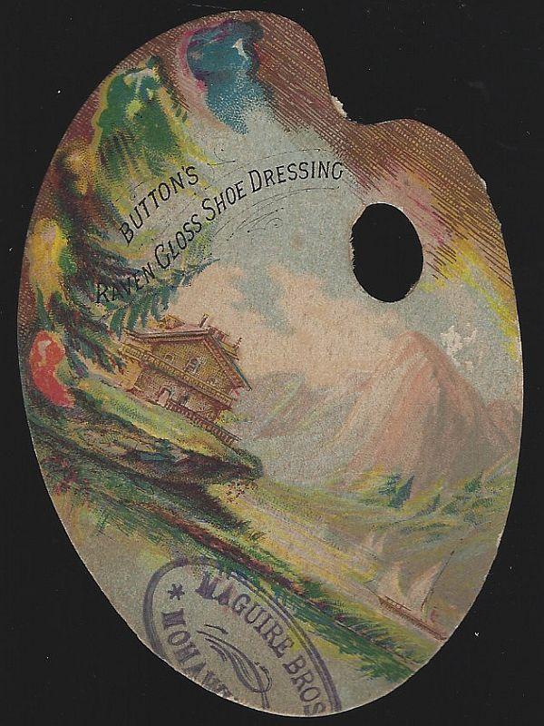 Victorian Artist Palette Die Cut Button's Shoe Dressing Trade Card w/ Landscape