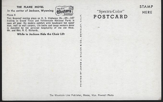 Vintage Unused Postcard of Flame Inn, Jackson, Wyoming H. C. Richards Owner
