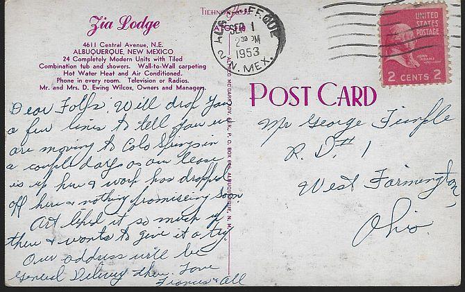 Vintage Postcard of Zia Lodge, Albuquerque, New Mexico D. Ewing Wilcox 1953