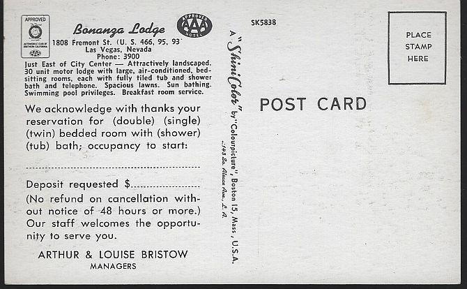 Vintage Unused Postcard of Bonanza Lodge, 1808 Fremont St, Las Vegas, Nevada AAA