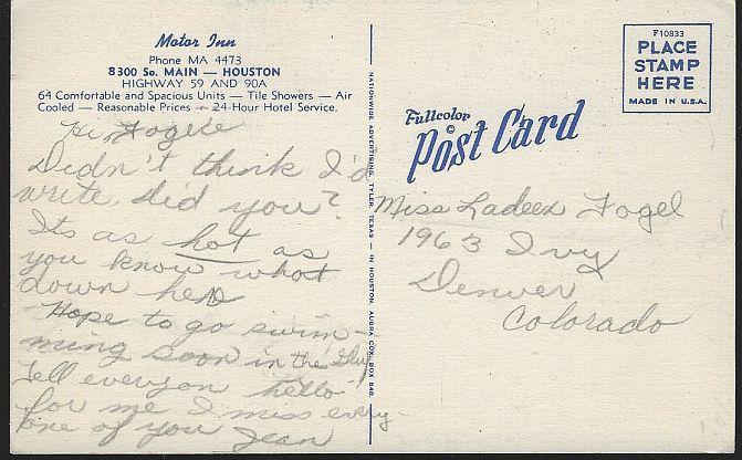 Vintage Postcard of Motor Inn, Highway 59 and 90A, Houston, Texas