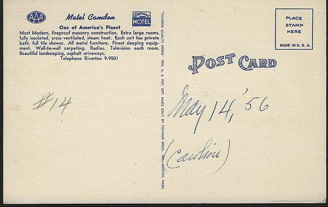 Vintage Postcard of Motel Camden, Highway 130, Riverton, New Jersey AAA 1956