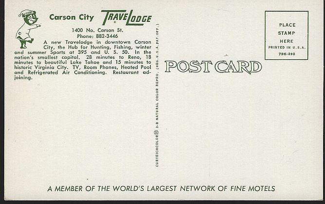 Vintage Unused Postcard of Carson City Travelodge, Carson City, Nevada