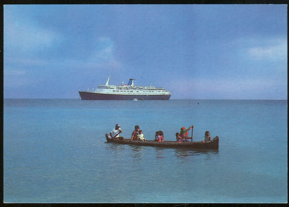 Postcard of Sun Line Stella Solaris with Native Canoe