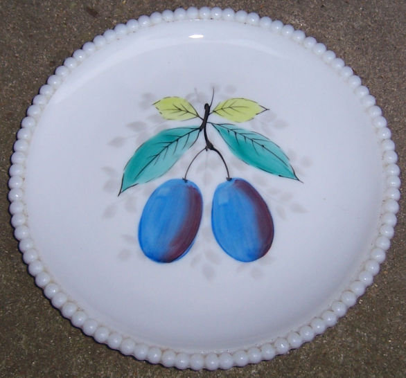 Westmoreland Beaded Edge Milk Glass Plate with Plums