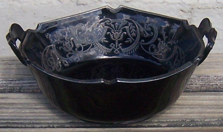 Vintage Black Amethyst Glass Serving Dish Two Handles Classical Silver Overlay