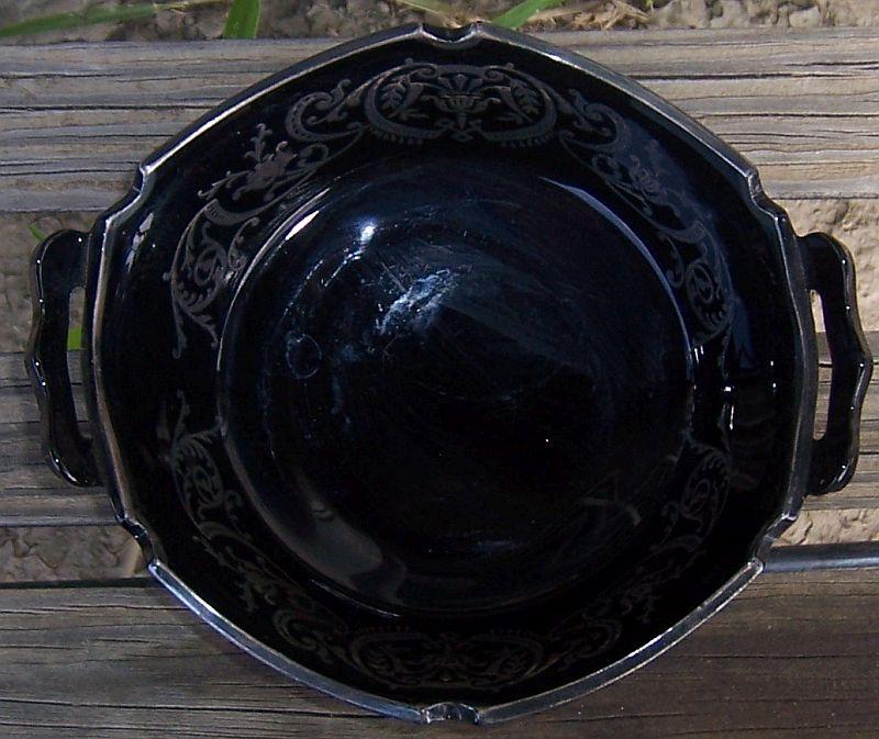 Vintage Black Amethyst Glass Serving Dish Two Handles Classical Silver Overlay