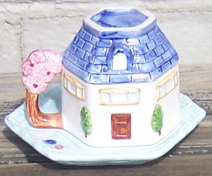 Vintage Decorative English Cottage Shaped Cup with Blue Landscaped Saucer