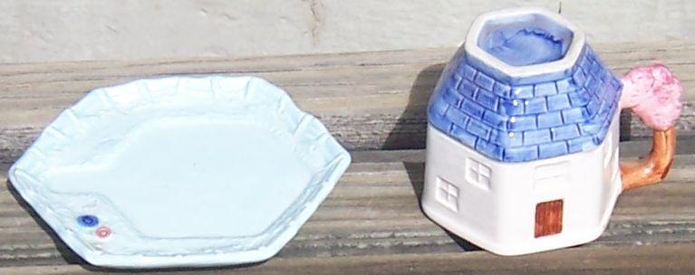 Vintage Decorative English Cottage Shaped Cup with Blue Landscaped Saucer