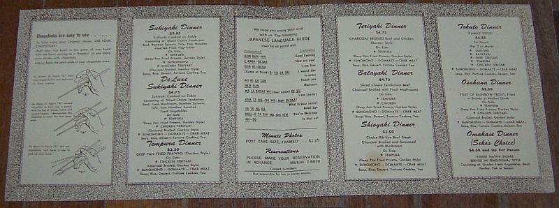 Souvenir Menu for Bush Garden Japanese Restaurant, Seattle, Washington Mr. Seko