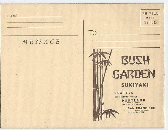 Souvenir Menu for Bush Garden Japanese Restaurant, Seattle, Washington Mr. Seko