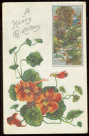 Happy Birthday Postcard with Nasturtiums and Old Mill