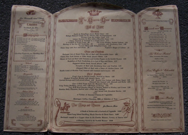 Vintage Menu for Queen's Table, Niagara Falls, Canada