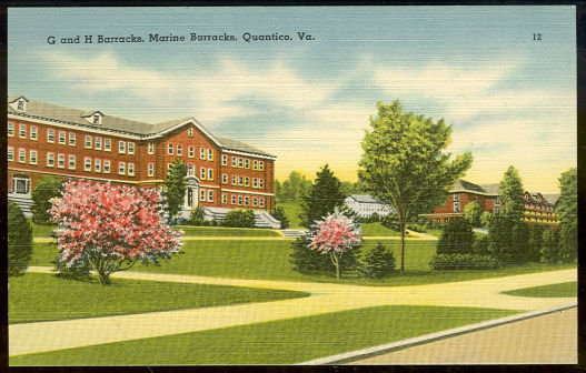 Postcard of Marine G and H Barracks Quantico Virginia