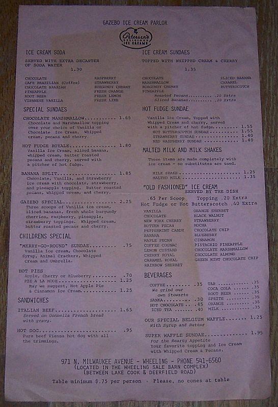 Vintage Menu from Gazebo Ice Cream Parlor, 971 N. Milwaukee, Wheeling, Illinois
