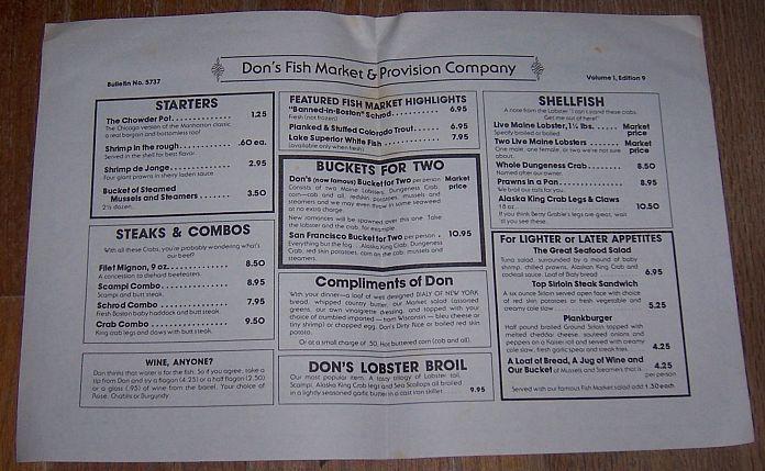 Vintage Dinner Menu from Don's Fishmarket and Provision Co., Chicago, Illinois