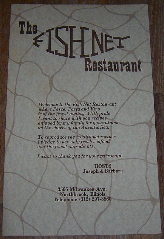 Vintage Menu from the Fishnet Restaurant 2566 Milwaukee Ave Northbrook, Illinois