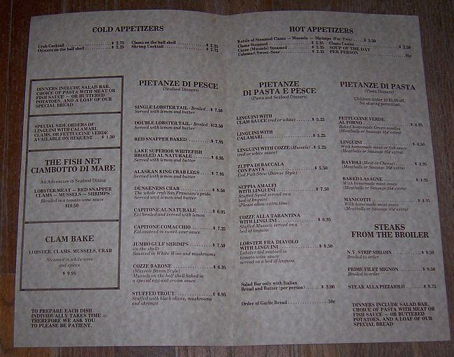 Vintage Menu from the Fishnet Restaurant 2566 Milwaukee Ave Northbrook, Illinois