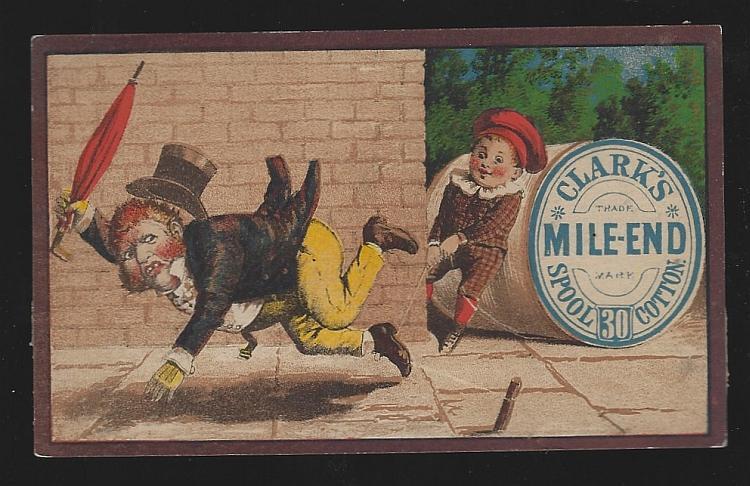 Victorian Trade Card for Clark's Mile End Spool Cotton with Boy Pulling a Prank