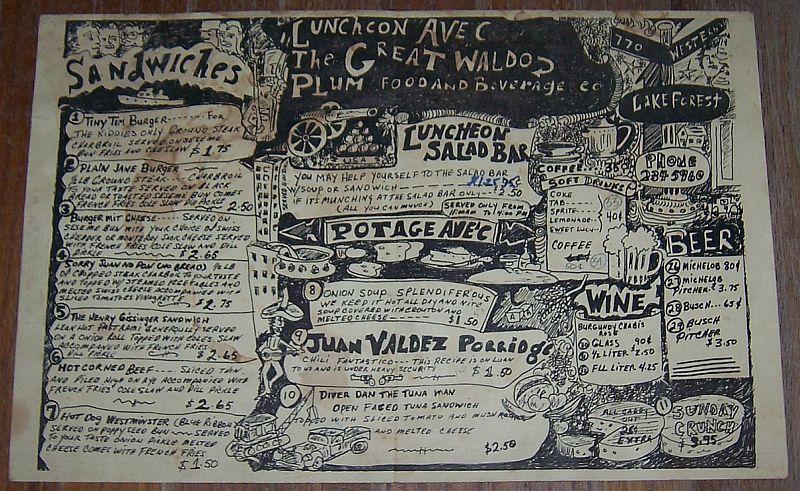 Vintage Menu from Great Waldo Plum, 770 Western, Lake Forest, Illinois