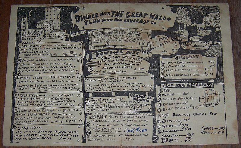 Vintage Menu from Great Waldo Plum, 770 Western, Lake Forest, Illinois