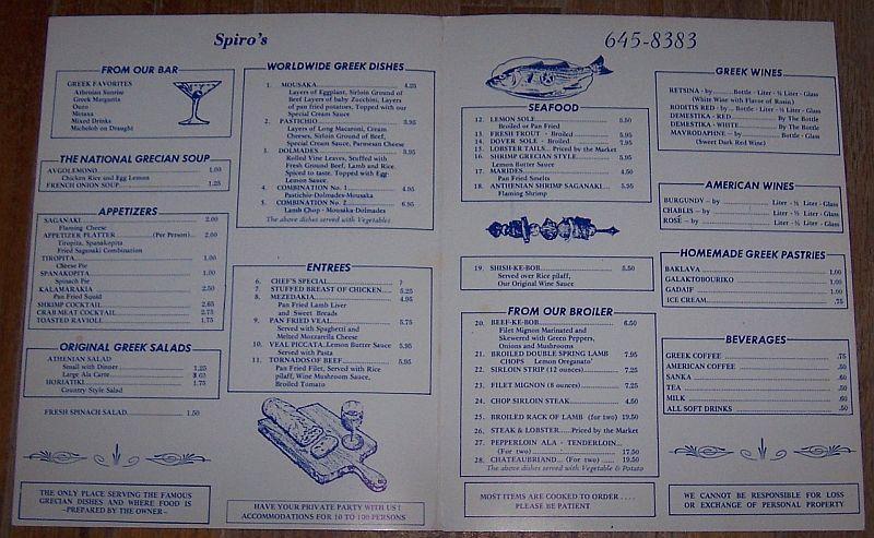 Vintage Menu from Spiro's Restaurant, 3122 Watson Road, St. Louis, Missouri