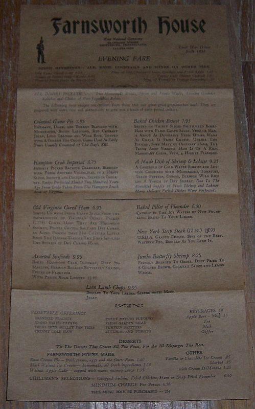 Vintage Evening Fare Menu from Farnsworth House, Gettysburg, Pennsylvania
