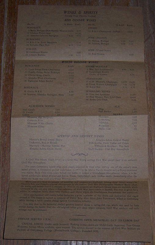 Vintage Evening Fare Menu from Farnsworth House, Gettysburg, Pennsylvania