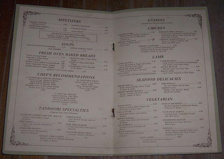 Vintage Menu from Gandhara Restaurant, 720 N. Rush St., Chicago, Illinois
