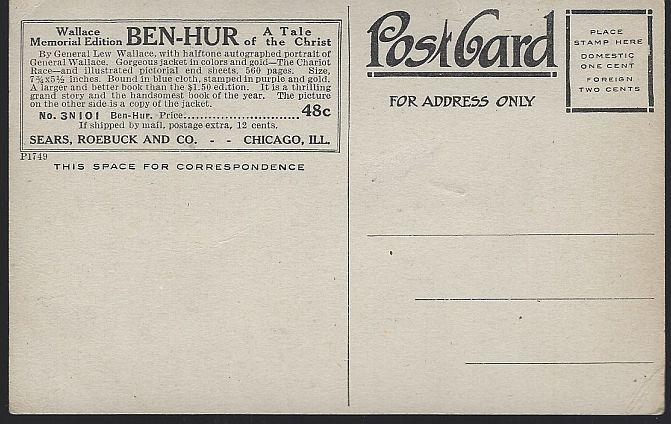 Vintage Postcard for Ben Hur Wallace Memorial Edition Available at Sears Roebuck