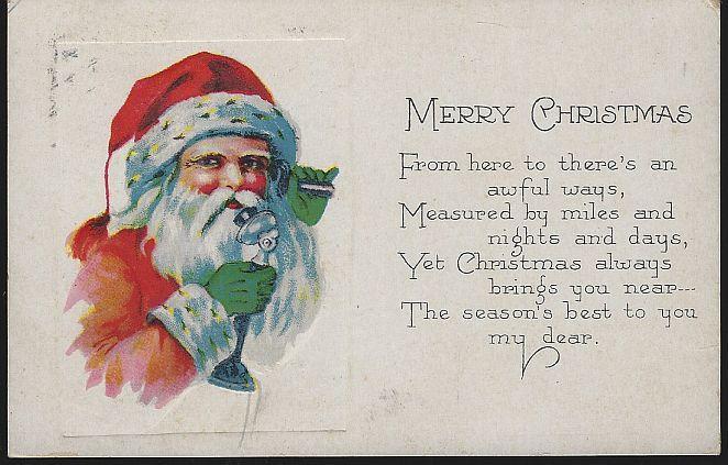 Vintage Merry Christmas Postcard with Santa Claus Talking on Telephone