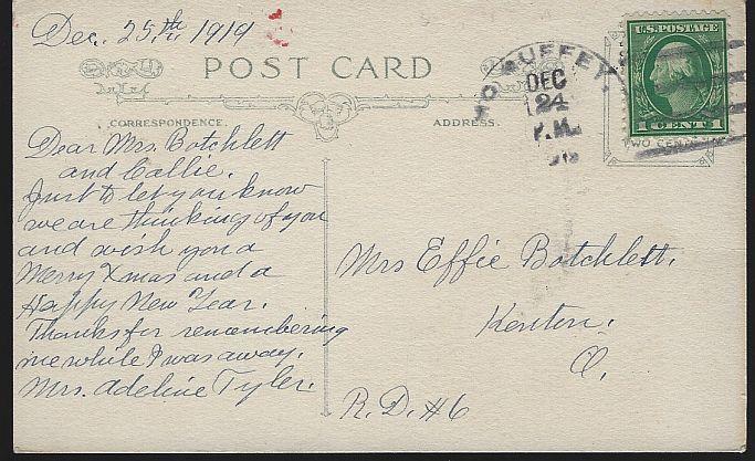 Vintage Christmas Wishes Postcard with Green Santa Claus and Christmas Tree 1919