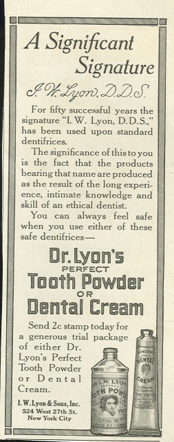 Dr. Lyon's Tooth Powder or Cream 1916 Advertisement