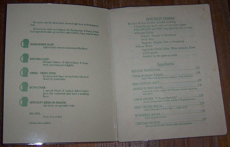 Vintage Menu From Brewmasters Pub Restaurant and Brewery, Kenosha, Wisconsin