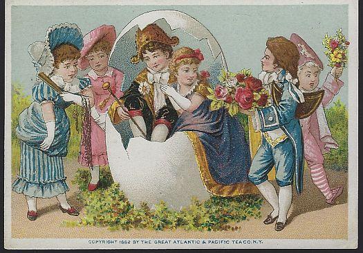 Victorian Trade Card Great Atlantic and Pacific Tea Company Boy and Girl in Egg