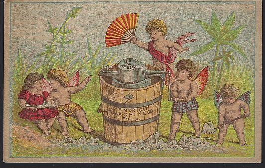 Victorian Trade Card for Gem Ice Cream Freezer with Cherubs Making Ice Cream