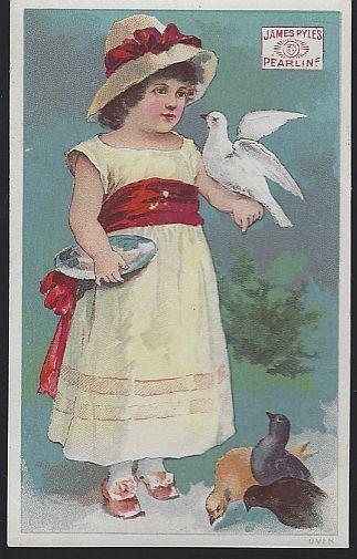Victorian Trade Card Pearline Washing Compound with Little Girl Feeding Birds