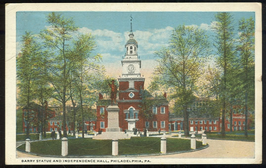Postcard of Barry Statue and Independence Hall, Philadelphia, Pennsylvania
