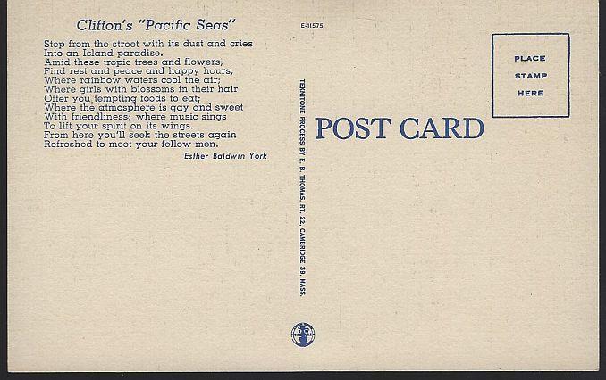 Unused Postcard of Clinton's Pacific Seas, 618 S. Olive Los Angeles, California