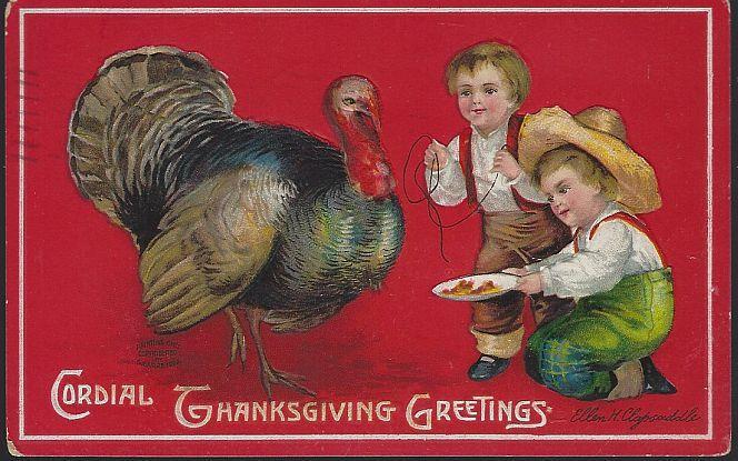 Ellen Clapsaddle Cordial Thanksgiving Greetings Postcard with Boys and Turkey