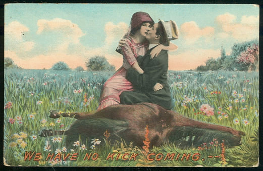 Postcard of Couple on Horse Who Have No Kick Coming