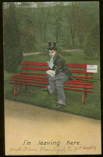 Comic Postcard of Man on Park Bench Taking Pants Off