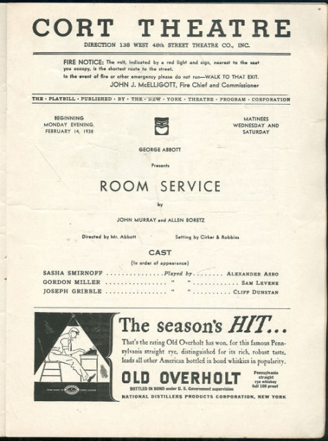 Playbill George Abbott Presents Room Service February 1938