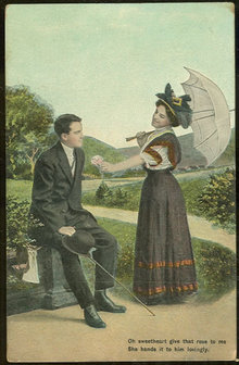 Postcard of Courting Couple, Lovely Lady with Rose